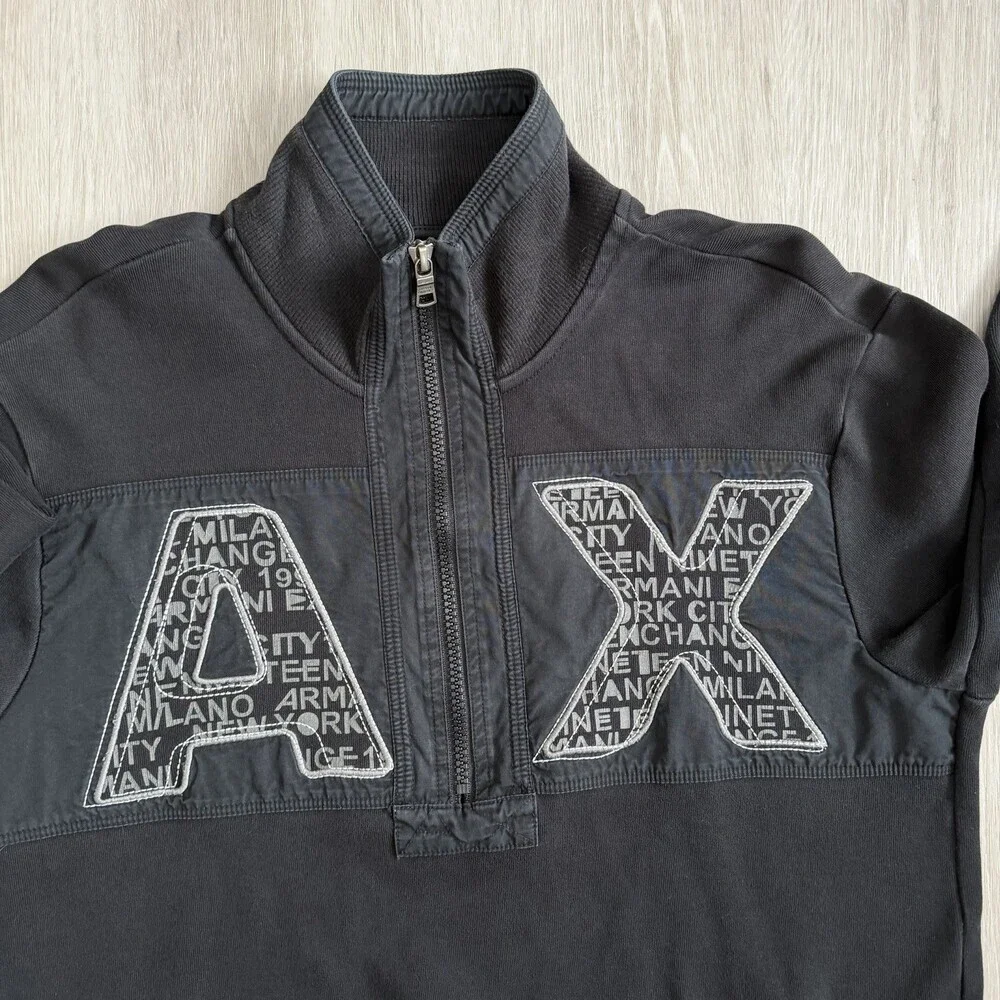 Armani Exchange AX men's Quarter Zip Sweatshirt Black Size M Large Logo Patch - Picture 3 of 9